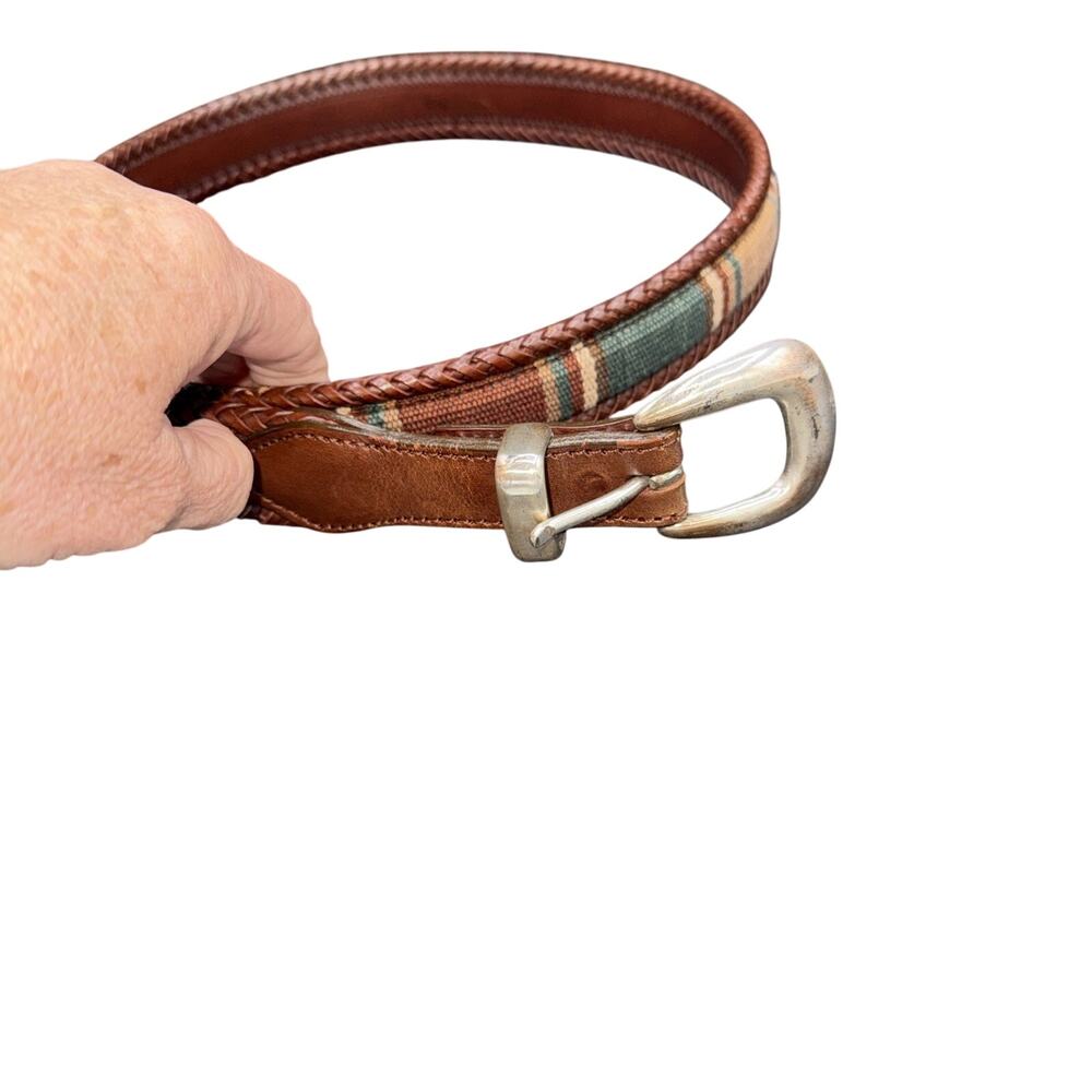 Brighton Santos Multi Color Canvas Brown Laced Leather Belt Silver Buckle 38